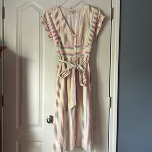 Loft petite seersucker striped midi dress with tie waist